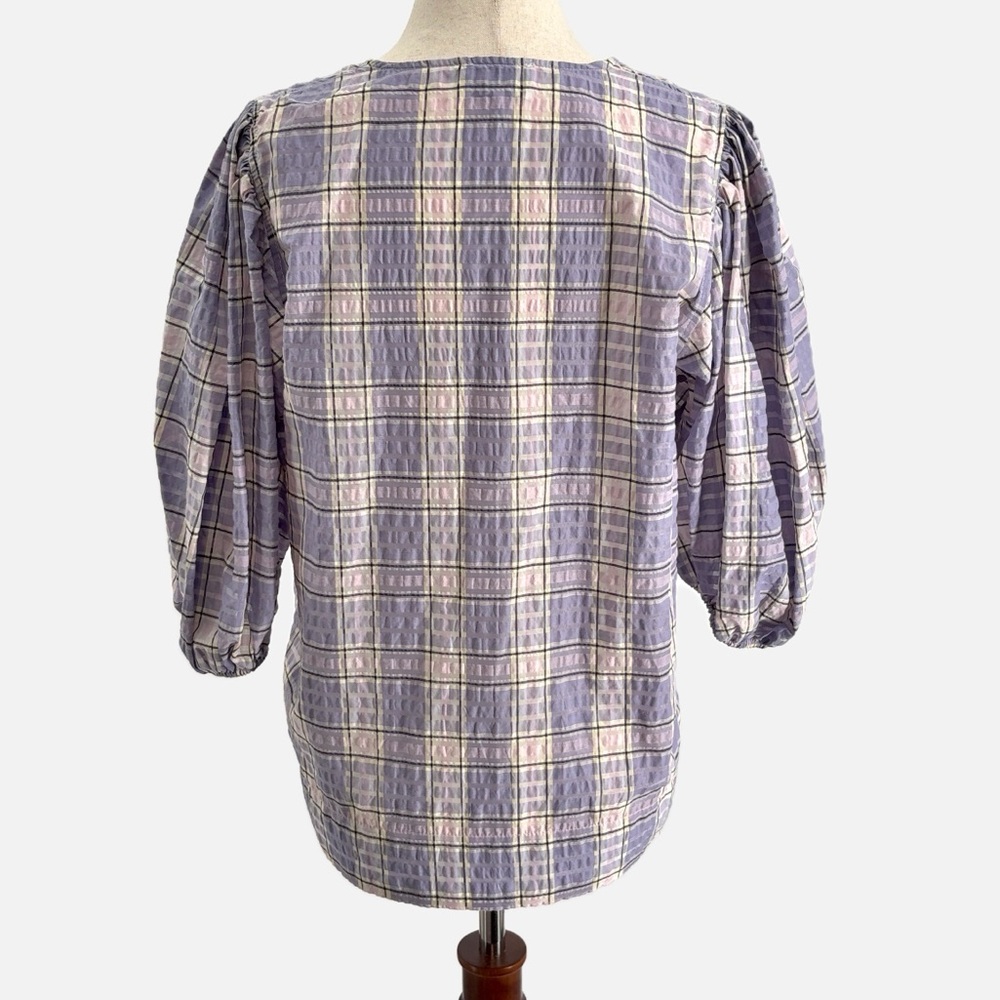 Ganni Check Seersucker Check V Neck Blouse in Persian Violet Check - Size Small - Picture 5 of 10
